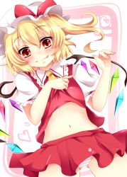 Rule 34 | 1girl, bat wings, blonde hair, blush, colorized, fang, fang out, flandre scarlet, hat, highres, looking at viewer, navel, panties, pointing, red eyes, ribbon, short hair, side ponytail, sisterakuma, smile, solo, touhou, underwear, wings