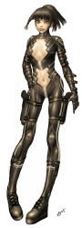 Rule 34 | 1girl, alien1452, armor, boots, fantasy, flat chest, full body, gloves, gun, highres, leather, lips, midriff, solo, standing, strap, thigh strap, weapon
