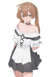 Rule 34 | 1girl, :p, absurdres, adomiwan, ahoge, apron, arms behind back, bare shoulders, black choker, black skirt, brown eyes, brown hair, choker, commentary request, cowboy shot, highres, long hair, looking at viewer, maid, miniskirt, off-shoulder shirt, off shoulder, original, pleated skirt, puffy short sleeves, puffy sleeves, shirt, short sleeves, simple background, skirt, solo, standing, tongue, tongue out, twintails, waist apron, white apron, white background, white shirt