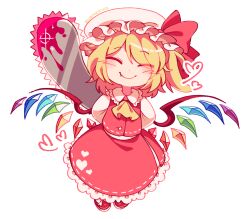 Rule 34 | 1girl, aqua background, arms behind back, ascot, blonde hair, blush, chainsaw, closed eyes, closed mouth, collared shirt, crystal, fang, flandre scarlet, frilled shirt collar, frills, full body, hat, heart, highres, long hair, long sleeves, mob cap, one side up, red footwear, red skirt, red vest, shirt, shoes, simple background, skirt, smile, solo, touhou, vest, white headwear, white shirt, wings, yellow ascot, zuomerika