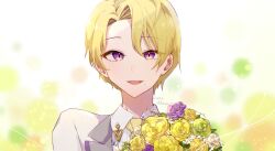Rule 34 | 1boy, blonde hair, bouquet, dated, flower, highres, holding, holding bouquet, lana (technoroid), looking at viewer, male focus, mole, mole under mouth, open mouth, purple eyes, purple flower, shenaa, short hair, signature, smile, solo, technoroid, white flower, yellow flower