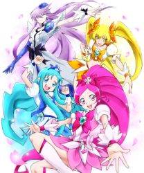 Rule 34 | 10s, 4girls, arm up, black bow, blonde hair, blue bow, blue eyes, blue hair, blue skirt, bow, brooch, choker, clenched hand, clenched hands, collarbone, cure blossom, cure marine, cure moonlight, cure sunshine, dress, earrings, elbow gloves, flower, flower earrings, gloves, hair flower, hair ornament, hair ribbon, hanasaki tsubomi, heart, heart brooch, heartcatch precure!, jewelry, kurumi erika, long hair, looking at viewer, looking down, magical girl, midriff, multiple girls, myoudouin itsuki, navel, open mouth, orange bow, outstretched arms, parted bangs, petals, pink bow, pink eyes, pink hair, ponytail, precure, puffy short sleeves, puffy sleeves, purple eyes, purple hair, ribbon, rose, short sleeves, sidelocks, simple background, single elbow glove, skirt, smile, thighhighs, tsukikage oyama, tsukikage yuri, twintails, very long hair, waist bow, wavy hair, white background, white dress, white legwear, wrist cuffs, yellow eyes