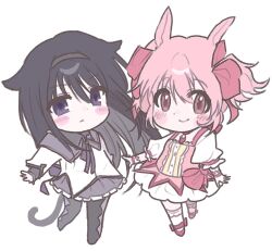 2girls akemi_homura akemi_homura_(magical_girl) animal_ear_hairband animal_ears argyle_clothes argyle_footwear back_bow black_footwear black_hair blush_stickers boots bow bow_choker bowtie buttons capelet cat_ears cat_tail center_frills chest_jewel chibi choker closed_mouth collared_capelet colored_inner_hair dot_nose dress expressionless fake_animal_ears footwear_bow frilled_skirt frilled_sleeves frilled_socks frills gloves grey_hair grey_hairband hair_between_eyes hair_bow hairband happy highres kaname_madoka kaname_madoka_(magical_girl) kemonomimi_mode kerimka31328031 kneehighs layered_sleeves light_frown long_hair long_sleeves looking_back magical_girl mahou_shoujo_madoka_magica mahou_shoujo_madoka_magica_(anime) mary_janes miniskirt multicolored_hair multiple_girls pale_skin pink_bow pink_dress pink_gemstone pink_hair pleated_skirt puffy_short_sleeves puffy_sleeves purple_bow purple_bowtie purple_capelet purple_eyes purple_skirt rabbit_ear_hairband rabbit_ears red_choker red_eyes red_footwear shoes short_dress short_hair short_sleeves short_twintails simple_background skirt skirt_under_dress smile socks standing tail tareme thigh_boots tsurime twintails very_long_hair waist_bow white_background white_dress white_gloves white_skirt white_sleeves white_socks