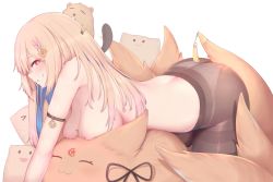 Rule 34 | 1girl, animal, armlet, ass, back, beaver, black pantyhose, blonde hair, breasts, cleavage, grin, hair ornament, healing luka, indie virtual youtuber, large breasts, long hair, mole, mole on breast, nikuku (kazedesune), panties, panties under pantyhose, pantyhose, pink hair, red eyes, simple background, smile, solo, star-shaped pupils, star (symbol), symbol-shaped pupils, topless, underwear, underwear only, virtual youtuber, white background, white panties