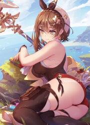 Rule 34 | 1girl, ass, atelier (series), atelier ryza, atelier ryza 1, atelier ryza 3, bare arms, bare shoulders, black hairband, blush, braid, breasts, brown gloves, brown hair, brown thighhighs, closed mouth, commentary, earrings, english commentary, feet out of frame, from side, gloves, hair ornament, hairband, hat, jewelry, large breasts, lying, medium hair, mitsu (mitsu art), on side, outdoors, patreon username, pouch, red shorts, reisalin stout, shirt, short shorts, shorts, smile, solo, staff, star (symbol), star earrings, thigh pouch, thigh strap, thighhighs, thighs, white headwear, white shirt, yellow eyes