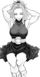 Rule 34 | 1girl, adjusting hair, armpits, arms behind head, arms up, bare arms, bare shoulders, boku no hero academia, boots, breasts, closed mouth, expressionless, greyscale, highres, lady nagant, large breasts, looking at viewer, medium hair, monochrome, parted bangs, sitting, sleeveless turtleneck dress, solo, thighs, tsukumo momo