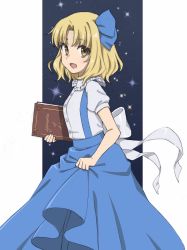 Rule 34 | 1girl, aged down, alice margatroid, alice margatroid (pc-98), back bow, blue bow, blue skirt, book, bow, breasts, buttons, collared shirt, frilled shirt collar, frills, grimoire of alice, hair bow, happy, haramin3, highres, holding, holding book, holding clothes, holding skirt, looking at viewer, open mouth, puffy short sleeves, puffy sleeves, shirt, short sleeves, skirt, small breasts, suspenders, touhou, touhou (pc-98), white bow, white shirt