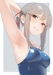 Rule 34 | 1girl, adjusting hair, alternate costume, arm up, armpits, arms behind head, blue one-piece swimsuit, blush, border, breasts, commentary request, from below, grey background, grey hair, hair between eyes, hair ribbon, highres, kantai collection, long hair, looking at viewer, medium breasts, old school swimsuit, one-piece swimsuit, outside border, ponytail, red eyes, red ribbon, ribbon, sakieko, school swimsuit, shiny skin, sidelocks, simple background, skindentation, smile, solo, swimsuit, teeth, upper body, usugumo (kancolle), white border