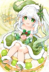 Rule 34 | 1girl, alternate costume, commentary, cross-shaped pupils, dress, full body, fur-trimmed dress, fur-trimmed gloves, fur trim, genshin impact, gloves, gradient hair, green dress, green eyes, green gloves, green hair, hair ornament, heart, highres, leaf hair ornament, looking at viewer, merry christmas, multicolored hair, nahida (genshin impact), open mouth, pointy ears, santa costume, side ponytail, solo, stirrup footwear, streaked hair, symbol-shaped pupils, toes, toro astro, white hair