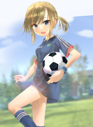 Rule 34 | 1girl, :d, ball, blonde hair, blue eyes, blue shirt, blue socks, blurry, blurry background, blush, breasts, brown hair, copyright request, day, depth of field, feet out of frame, hair between eyes, kneehighs, looking at viewer, open mouth, ponytail, sakazakinchan, shirt, short sleeves, sidelocks, small breasts, smile, soccer ball, soccer uniform, socks, solo, sportswear, standing, standing on one leg