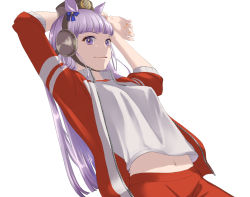 Rule 34 | 1girl, animal ears, arms up, blunt bangs, blunt ends, closed mouth, commentary, gold ship (umamusume), hair ribbon, horse ears, jacket, long hair, nail polish, navel, nekogusa kinako, open clothes, open jacket, orange nails, pants, pillbox hat, purple eyes, ribbon, shirt, simple background, solo, stretching, track jacket, track pants, track suit, umamusume, white background, white shirt