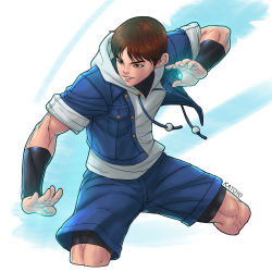 Rule 34 | 1boy, artist name, blue shirt, blue shorts, brown eyes, brown hair, commentary request, cowboy shot, hand up, highres, hood, hood down, hoodie, jacket, katoyo85, male focus, open clothes, open jacket, open mouth, open shirt, parted bangs, parted lips, psycho soldier, shirt, short hair, shorts, sie kensou, simple background, solo, the king of fighters, toned, toned male, white background, white hoodie, wristband