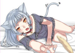 Rule 34 | 10s, 1girl, animal ears, bare legs, bell, neck bell, blue hair, blue nails, cat ears, cat tail, cat teaser, collar, deras, fang, fingernails, hair ribbon, jingle bell, kantai collection, kemonomimi mode, lips, long hair, looking at viewer, lying, murakumo (kancolle), nail polish, open mouth, orange eyes, ribbon, short eyebrows, sidelocks, solo, tail, tail wagging, white background