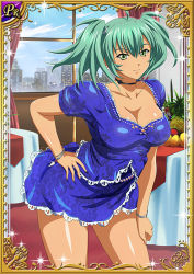 Rule 34 | 1girl, bare legs, breasts, card (medium), curvy, dress, female focus, green eyes, green hair, ikkitousen, large breasts, looking at viewer, ryofu housen, shiny skin, twintails