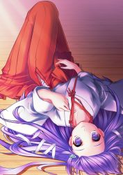 Rule 34 | 00s, 1boy, blush, crossdressing, hair ornament, hairclip, happiness!, ihet, japanese clothes, looking at viewer, lying, male focus, miko, on back, purple eyes, purple hair, smile, solo, trap, watarase jun