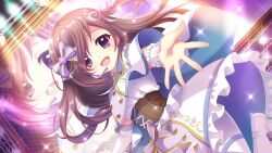 1girl blue_cape boots bow brown_corset brown_hair buttons cape concert corset detached_sleeves dot_nose double-breasted dutch_angle film_grain frilled_skirt frills game_cg hair_bow hair_ribbon headset idol idol_clothes izumi_tsubasu long_hair looking_at_viewer mizushino_sono non-web_source official_art open_mouth outstretched_arm outstretched_hand purple_bow purple_eyes purple_ribbon re:stage! reaching reaching_towards_viewer ribbon screen single_detached_sleeve skirt smile solo sparkle stage_lights standing standing_on_one_leg striped_bow two-sided_cape two-sided_fabric white_cape white_footwear white_skirt white_sleeves white_wrist_cuffs wrist_cuffs