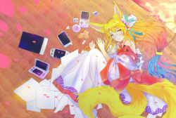 Rule 34 | 10s, 1girl, animal ears, bare shoulders, blonde hair, fox ears, fox tail, glasses, gradient eyes, gradient hair, highres, japanese clothes, long hair, looking at viewer, miko (no game no life), multicolored eyes, multicolored hair, multiple tails, no game no life, orange eyes, solo, tail, tangjinhang, very long hair, whiskers, yellow eyes
