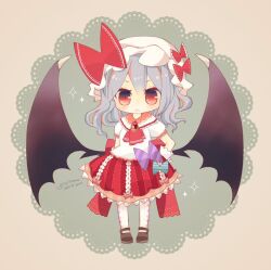 Rule 34 | 1girl, ascot, bat wings, blue hair, brooch, chibi, full body, hat, hat ribbon, jewelry, mob cap, one-hour drawing challenge, pink hat, red ascot, red eyes, remilia scarlet, ribbon, shirt, short hair, simple background, thighhighs, touhou, white shirt, white thighhighs, wings, wrist cuffs, yaco (nuitnotte)