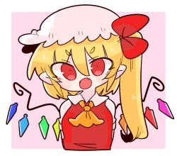 Rule 34 | 1girl, arms behind back, ascot, blonde hair, blush, border, bow, chibi, cropped torso, crystal, fang, flandre scarlet, hair between eyes, hair bow, hat, highres, mob cap, one side up, op na yarou, open mouth, outside border, pink background, red bow, red eyes, red vest, short hair, simple background, smile, solo, touhou, upper body, v-shaped eyebrows, vest, white border, wings, yellow ascot