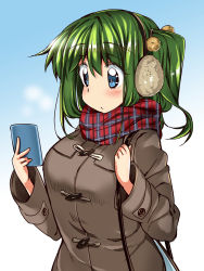 Rule 34 | 1girl, ase (nigesapo), blue eyes, breasts, cellphone, coat, contemporary, daiyousei, earmuffs, fairy wings, green hair, large breasts, long hair, long sleeves, low wings, phone, scarf, side ponytail, smartphone, solo, touhou, wings, winter clothes, winter coat
