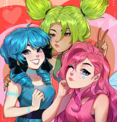 Rule 34 | 3girls, ;), ahoge, arm tattoo, bare shoulders, belt, black belt, black bow, blush, bow, breasts, collarbone, dress, drill hair, facial tattoo, freckles, green dress, green eyes, green hair, grin, gwen (league of legends), hair bow, hand up, heart, highres, large breasts, league of legends, long hair, multicolored background, multiple girls, one eye closed, parted bangs, pink dress, pink hair, red eyes, seraphine (league of legends), smile, star tattoo, tattoo, teeth, twin drills, twintails, upper body, v, vogel (itsvogelart), zeri (league of legends)