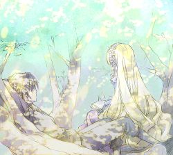 Rule 34 | 1boy, 1girl, bad id, bad pixiv id, book, branch, from behind, gosick, hair over eyes, headband, in tree, kujou kazuya, lolita fashion, long hair, lying, monochrome, open book, pale color, profile, reading, shade, sunlight, tame, tree, victorica de blois