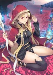 Rule 34 | 1girl, birdcage, black dress, black thighhighs, blonde hair, breasts, cage, cape, detached collar, dress, earrings, ereshkigal (fate), fate/grand order, fate (series), field, flower, flower field, gold trim, highres, hood, hood up, hooded cape, hoop earrings, jewelry, long hair, looking at viewer, medium breasts, meslamtaea (weapon), nakaga eri, parted bangs, red eyes, short dress, single sleeve, single thighhigh, sitting, skull, smile, spine, thighhighs, two side up, wariza, weapon