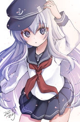 Rule 34 | 1girl, anchor symbol, black hat, black sailor collar, black skirt, blue eyes, commentary request, cowboy shot, flat cap, hat, hibiki (kancolle), highres, kantai collection, leaning forward, long hair, looking at viewer, makina00, neckerchief, one-hour drawing challenge, pleated skirt, red neckerchief, sailor collar, school uniform, serafuku, signature, silver hair, simple background, skirt, solo, white background