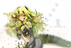 Rule 34 | 1girl, arknights, bird, brown eyes, crocodilian tail, cropped jacket, estelle (arknights), flower, gloves, green hair, horns, long hair, material growth, midriff, oripathy lesion (arknights), rhodes island logo (arknights), scar, scar on face, scar on nose, solo, tail, tokio