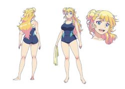 Rule 34 | 10s, 1girl, ass, asymmetrical hair, barefoot, blonde hair, blue eyes, breasts, character sheet, cleavage, competition swimsuit, expressions, female focus, galko, hair bun, large breasts, long hair, messy hair, multiple views, official art, one-piece swimsuit, oshiete! galko-chan, side bun, single side bun, suzuki ken&#039;ya, swimsuit
