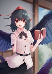 Rule 34 | 1girl, black hair, black skirt, black wings, book, buttons, collared shirt, feathered wings, feathers, hat, highres, holding, holding book, holding pencil, looking at viewer, open mouth, pencil, pleated skirt, red eyes, red hat, shameimaru aya, shirt, short hair, short sleeves, skirt, smile, solo, taguno, tokin hat, touhou, white shirt, wings