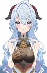 Rule 34 | 1girl, ahoge, bell, black bodysuit, blue hair, blush, bodysuit, breasts, ganyu (genshin impact), genshin impact, hair between eyes, hand under clothes, highres, horns, large breasts, long hair, looking at viewer, neck bell, parted lips, purple eyes, simple background, sleeveless, solo, upper body, very long hair, white background, yupi (yuyupiko01)