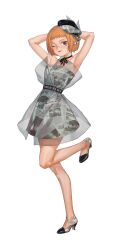 Rule 34 | 1girl, armpits, arms behind head, arms up, blonde hair, bob cut, brown eyes, choker, closed mouth, dress, fashion, full body, galllisto, grey dress, grey footwear, hat, high heels, highres, layered dress, looking at viewer, mezato ichi, mob psycho 100, newspaper, one eye closed, print dress, print footwear, print headwear, short dress, short hair, simple background, smile, solo, standing, standing on one leg, strapless, strapless dress, white background