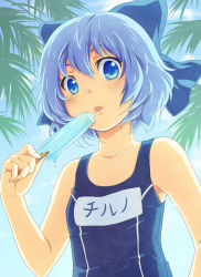 Rule 34 | 1girl, bad id, bad pixiv id, bare shoulders, blue bow, blue eyes, blue hair, bow, cirno, food, hair bow, looking at viewer, name tag, one-piece swimsuit, popsicle, school swimsuit, short hair, solo, starbottle, swimsuit, touhou, upper body