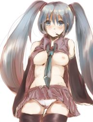 Rule 34 | 1girl, aqua eyes, aqua hair, blush, breasts, detached sleeves, frown, hatsune miku, headset, long hair, necktie, nipples, open clothes, open shirt, panties, pantyshot, shikkoku sheets, shirt, simple background, skirt, sleeves past wrists, solo, thighhighs, twintails, underwear, upskirt, very long hair, vocaloid, white background