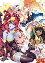 Rule 34 | 4girls, :d, :o, animal ears, archangel (p&amp;d), barefoot, bastet (p&amp;d), black legwear, blonde hair, blue skin, blush, breasts, cat ears, cleavage, colored skin, dark skin, dark-skinned female, demon girl, elbow gloves, fang, gloves, grin, halo, hera (p&amp;d), horns, jewelry, large breasts, light valkyrie (p&amp;d), looking at viewer, lots of jewelry, multiple girls, open mouth, puzzle &amp; dragons, smile, staff, demon girl, syacyo, thighhighs, valkyrie, valkyrie (p&amp;d), wings