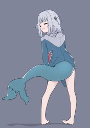 Rule 34 | 1girl, absurdres, animal hood, barefoot, blue hair, blue hoodie, blush, closed eyes, fins, fish tail, from behind, full body, gawr gura, gawr gura (1st costume), grey background, grey hair, grin, hair ornament, highres, hololive, hololive english, hood, hood down, hoodie, leaning forward, long hair, lyrinne, medium hair, shark girl, shark hair ornament, shark hood, shark tail, simple background, smile, solo, standing, tail, teeth, two side up, virtual youtuber