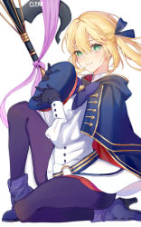 Rule 34 | 1girl, artist name, artoria caster (fate), artoria caster (second ascension) (fate), artoria pendragon (fate), black gloves, black pantyhose, blonde hair, blue cloak, blush, boots, clear regulus, cloak, fate/grand order, fate (series), gloves, green eyes, hair between eyes, hat, high heels, holding, holding clothes, holding hat, looking at viewer, mage staff, pantyhose, pink ribbon, ribbon, short hair, side ponytail, smile, solo, unworn hat, unworn headwear, white background