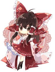 Rule 34 | 1girl, adapted costume, ahoge, alternate costume, back bow, bare shoulders, black socks, bow, brown eyes, brown hair, chibi, clothes lift, detached sleeves, flower knot, frilled bow, frilled hair tubes, frilled hakama, frilled skirt, frills, hair bow, hair tubes, hakama, hakama short skirt, hakama skirt, hakurei reimu, highres, japanese clothes, kimono, kneehighs, lace background, long sleeves, looking at viewer, medium hair, nikorashi-ka, no shoes, one-hour drawing challenge, ponytail, red bow, red hakama, red ribbon, red skirt, ribbon, ribbon-trimmed sleeves, ribbon trim, sidelocks, skirt, skirt lift, sleeve ribbon, sleeves past wrists, socks, solo, touhou, wavy mouth, white background, white kimono, white sleeves, wide sleeves