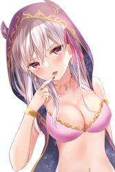 Rule 34 | 1girl, bad id, bad pixiv id, bare shoulders, bikini, blush, bracelet, breasts, canary999, chocolate heaven (fate/grand order), cleavage, cloak, collarbone, earrings, fate/grand order, fate (series), gold trim, hair ribbon, highres, hood, hood up, hooded cloak, horned hood, horns, jewelry, kama (chocolate heaven) (fate), kama (fate), large breasts, long hair, looking at viewer, navel, necklace, open mouth, pink bikini, purple cloak, red eyes, ribbon, short hair, silver hair, solo, swimsuit, tongue, tongue out