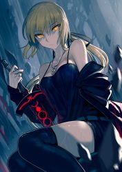 Rule 34 | 1girl, ahoge, artoria pendragon (all), artoria pendragon (fate), black jacket, blonde hair, breasts, closed mouth, collarbone, commentary request, dark persona, excalibur morgan (fate), fate/grand order, fate (series), gothic lolita, hair ribbon, highres, holding, holding sword, holding weapon, jacket, legs, lolita fashion, looking at viewer, medium hair, official alternate costume, ponytail, ribbon, saber alter, saber alter (ver. shinjuku 1999) (fate), shorts, small breasts, solo, sword, thighhighs, thighs, walzrj, weapon, wet, wet clothes, yellow eyes
