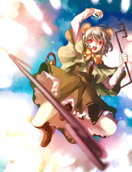 Rule 34 | 1girl, animal ears, arm up, basket, blurry, boots, capelet, cloud, dowsing rod, dress, eredhen, full body, grey hair, highres, jewelry, long sleeves, looking at viewer, mouse ears, mouse tail, nazrin, necklace, open mouth, red eyes, ribbon, short hair, smile, solo, tail, throwing, touhou, upskirt