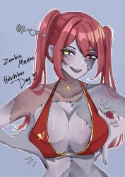 Rule 34 | 1girl, absurdres, bikini, blue skin, breasts, colored skin, heart, heterochromia, highres, hololive, houshou marine, houshou marine (summer), jewelry, large breasts, minxei, necklace, red eyes, red hair, signature, stitches, swimsuit, twintails, virtual youtuber, yellow eyes, zombie