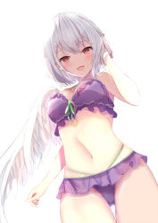 Rule 34 | 1girl, absurdres, bare arms, bare legs, bare shoulders, bikini, blush, braid, breasts, cowboy shot, feathered wings, from below, hair between eyes, highres, kishin sagume, large breasts, looking at viewer, looking down, navel, niko kusa, open mouth, purple bikini, red eyes, short hair, simple background, single wing, smile, solo, swimsuit, touhou, white background, white hair, white wings, wings