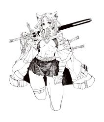 Rule 34 | 1girl, :q, absurdres, animal ear fluff, animal ears, bandaged arm, bandages, belt, blush, breasts, collared jacket, earrings, greyscale, hair ornament, hairclip, highres, holding, holding sword, holding weapon, jacket, jewelry, long sleeves, looking at viewer, matata1203, mechanical arms, miniskirt, monochrome, navel, open clothes, original, over shoulder, parted bangs, sheath, sheathed, simple background, single mechanical arm, skirt, small breasts, smile, solo, stomach, sword, sword over shoulder, tongue, tongue out, weapon, weapon over shoulder, wide sleeves
