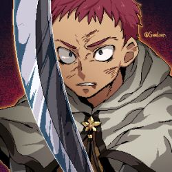 Rule 34 | 1boy, blue eyes, brown shirt, capelet, clenched teeth, commentary request, holding, holding sword, holding weapon, looking at viewer, lowres, male focus, oekaki, ragnarok online, ragnarok the animation, red hair, roan (ragnarok the animation), rouko605, scratches, shirt, short hair, signature, solo, sword, swordsman (ragnarok online), teeth, upper body, very short hair, weapon, white capelet