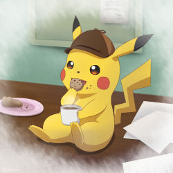 Rule 34 | blush stickers, clothed pokemon, commentary request, cookie, creatures (company), cup, deerstalker, detective pikachu, detective pikachu (character), detective pikachu (game), eating, food, game freak, gen 1 pokemon, hat, highres, lightnookz, nintendo, no humans, pikachu, pokemon, pokemon (creature), sitting, solo, steam, tail