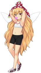 Rule 34 | 1girl, armpits, arms behind head, arms up, artist request, bike shorts, black shorts, blonde hair, bra, chewing gum, clownpiece, fairy wings, flat chest, full body, hat, jester cap, long hair, navel, no shirt, red eyes, shoes, shorts, simple background, solo, touhou, training bra, transparent background, underwear, very long hair, white background, white bra, wings