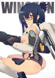 Rule 34 | 1girl, bare shoulders, black hair, bodysuit, boots, breasts, character name, clothing cutout, elbow gloves, eyebrows, folded ponytail, genderswap, genderswap (mtf), glasses, gloves, gun, ishitsu kenzou, jetpack, knee boots, looking at viewer, overwatch, overwatch 1, personification, revealing clothes, side cutout, sideboob, sidelocks, sitting, small breasts, solo, wariza, weapon, winston (overwatch), yellow eyes