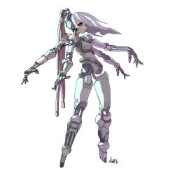 Rule 34 | 1girl, absurdres, artist name, bright pupils, cyberpunk, cyborg, extra arms, female focus, fewer digits, highres, joints, koutetu yarou, long hair, looking at viewer, no feet, original, piston, red eyes, robot joints, signature, simple background, solo, standing, tube, white background, white hair, white pupils